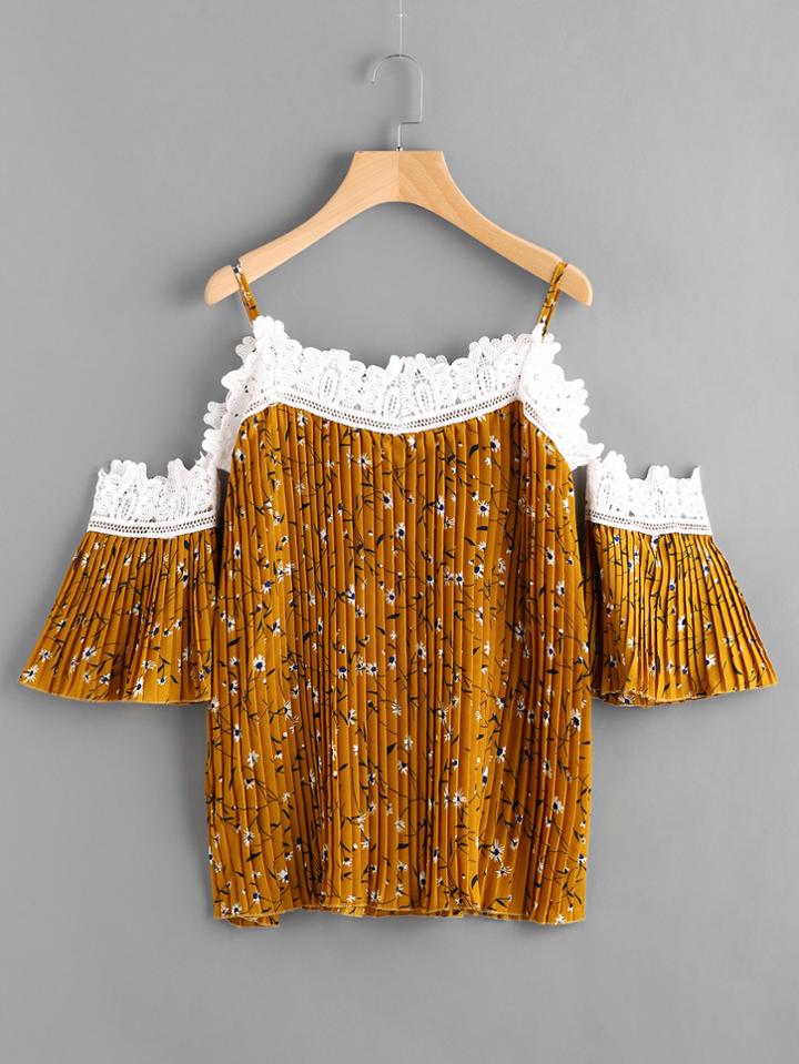Romwe Contrast Lace Trim Calico Print Pleated Top