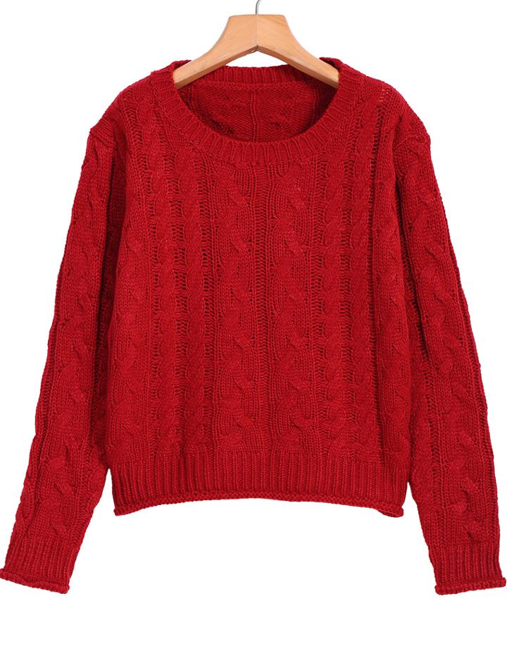 Romwe Cable Knit Crop Wine Red Sweater