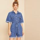 Romwe Button Front Stitch Detail Belted Denim Jumpsuit