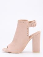 Romwe Faux Suede Studded High Vamp Peep Toe Heels - Apricot