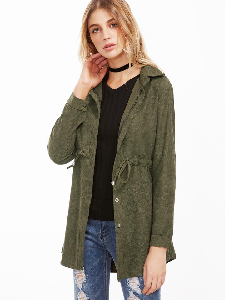 Romwe Army Green Drawstring Waist Single Button Coat