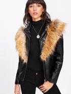 Romwe Faux Fur Trim Zip Up Pu Jacket