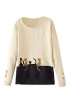 Romwe Two Cats Embroidered Color Block Jumper