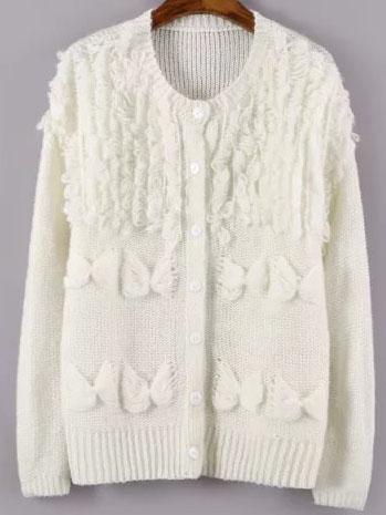 Romwe White Bow Embellished Button Up Cardigan