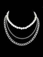 Romwe Silver Multi Layer Chain Simulated-pearl Statement Necklace