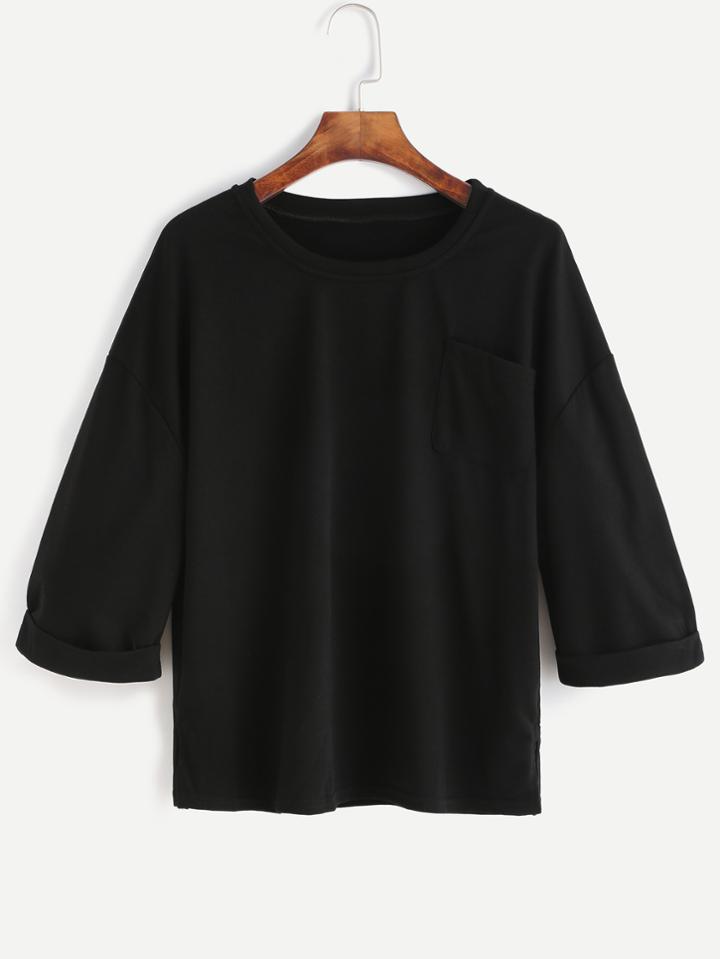 Romwe Black Dropped Shoulder Seam Cuffed T-shirt With Pocket