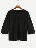 Romwe Black Dropped Shoulder Seam Cuffed T-shirt With Pocket