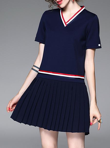 Romwe Navy V Neck Pleated A-line Dress