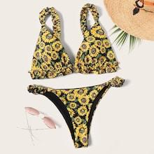 Romwe Random Sunflower Frilled Strap Knot Back Bikini Set