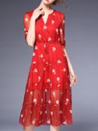 Romwe Red V Neck Ruffle Print Drawstring Dress