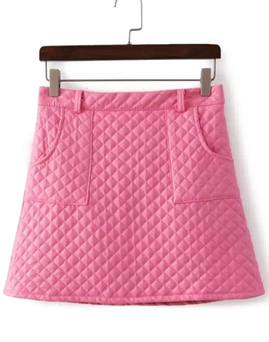 Romwe Plaid Pockets Pink Pu Skirt