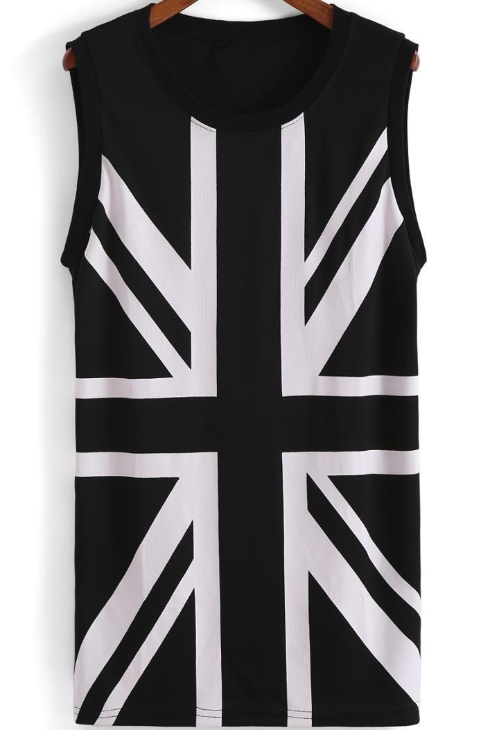 Romwe Black Round Neck Union Jack Print Tank Top