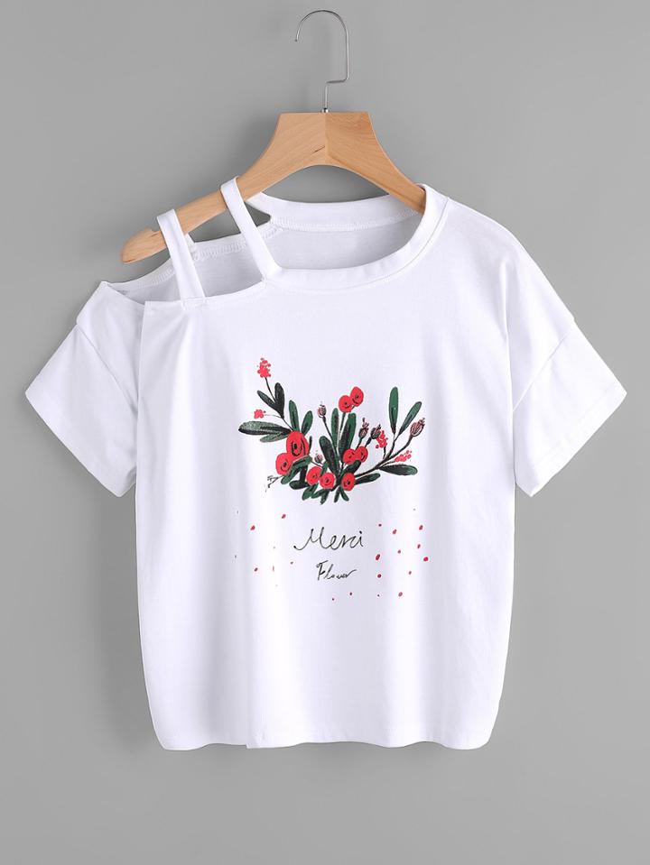 Romwe Floral Print Cut Out Shoulder Tee