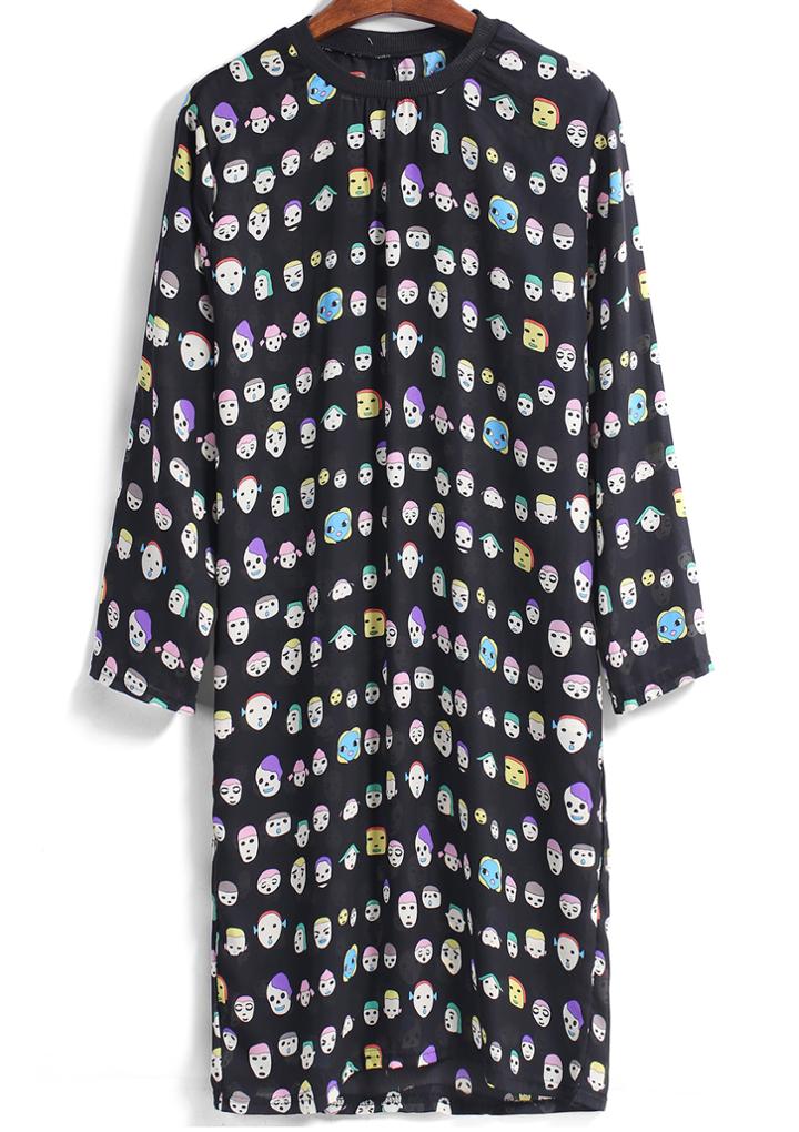 Romwe Long Sleeve Head Print Black Dress