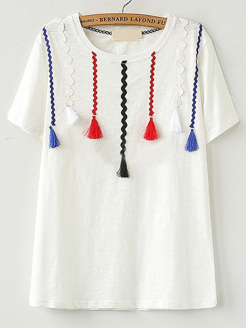 Romwe White Tassel Embellished T-shirt