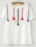 Romwe White Tassel Embellished T-shirt