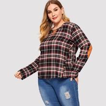 Romwe Plus Plaid Elbow Patch Blouse