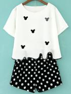 Romwe Mickey Patch Top With Polka Dot Shorts