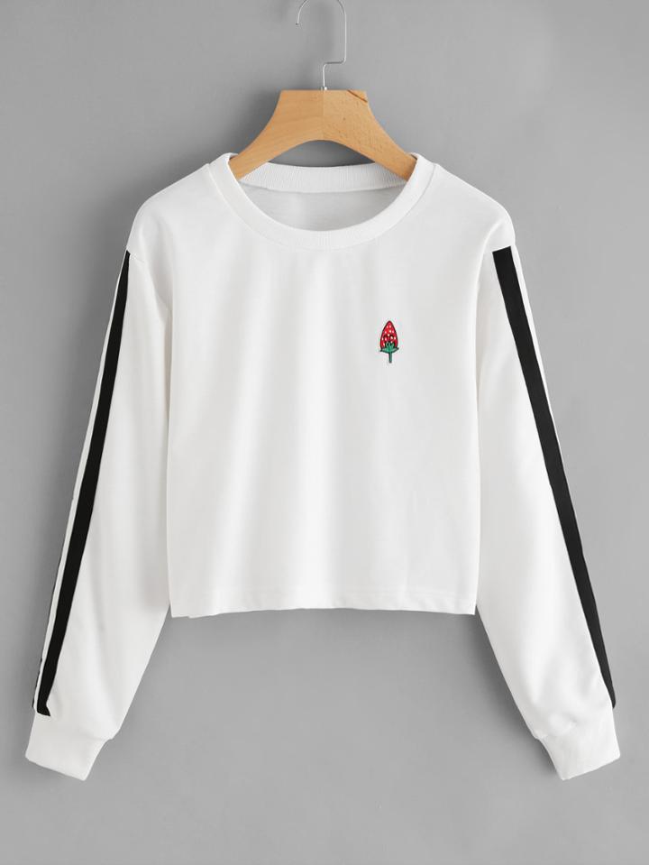 Romwe Strawberry Embroidered Patch Striped Side Sweatshirt
