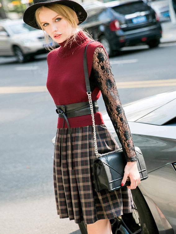 Romwe Win Red Knit Contrast Lace Long Sleeve Tie-waist Dress