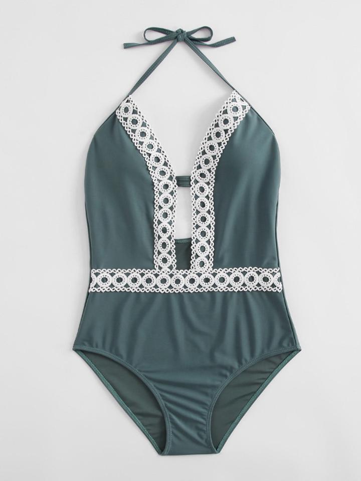 Romwe Crochet Trim Plunge Swimsuit