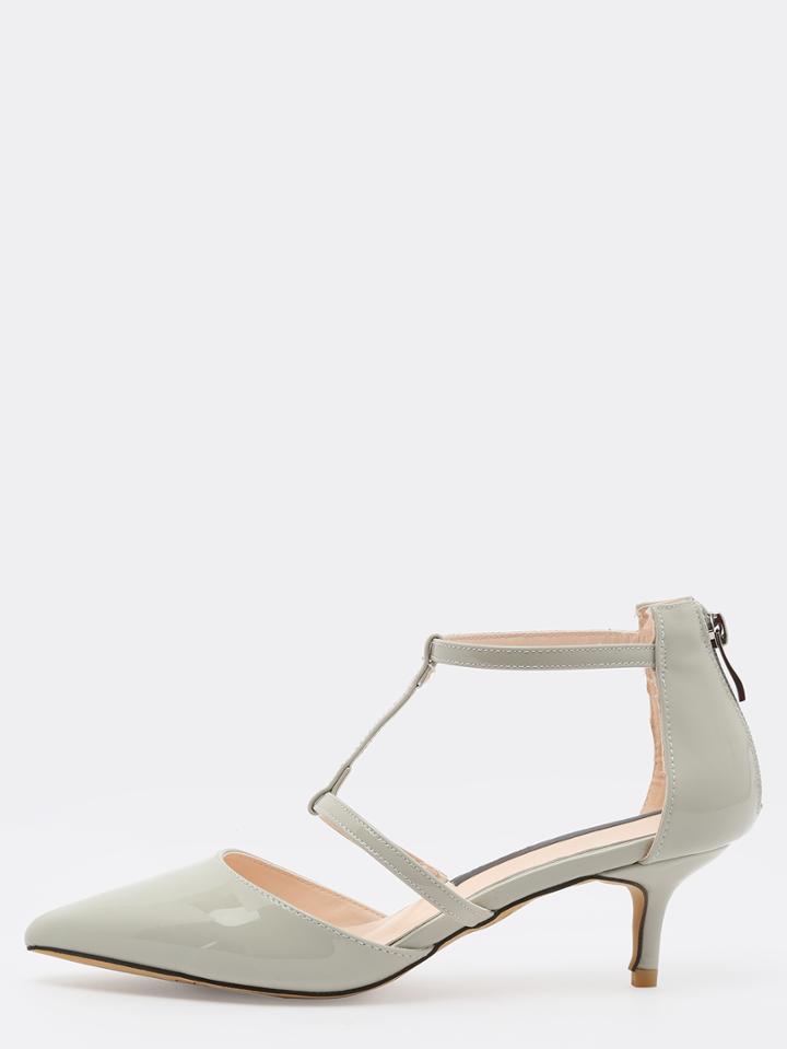 Romwe Grey Patent Strappy Pointed Toe Bakc Zip Pumps