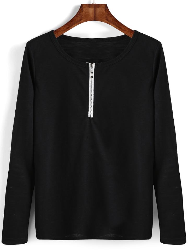 Romwe Long Sleeve Black T-shirt With Zipper
