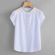 Romwe Embroidered Eyelet Yoke Striped Shirt