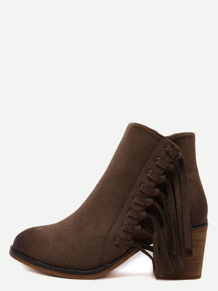 Romwe Brown Faux Suede Tassel Trim Cork Heel Ankle Boots