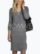 Romwe Grey V Neck Side Slit Ribbed Dress
