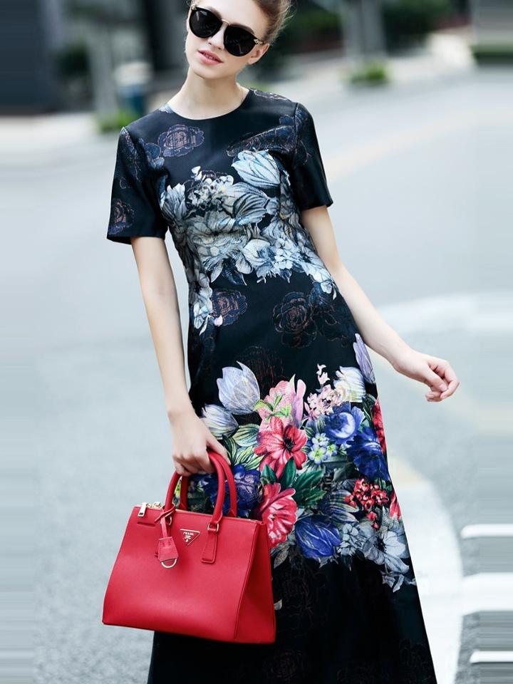 Romwe Black Round Neck Short Sleeve Print Drawstring Dress