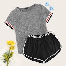 Romwe Striped Cuff Top & Contrast Binding Dolphin Shorts Set