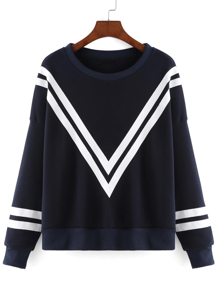 Romwe Women Striped Loose Navy Sweatshirt