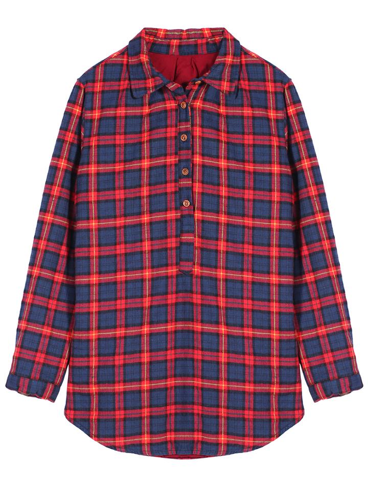 Romwe Plaid Pockets Loose Red Blouse