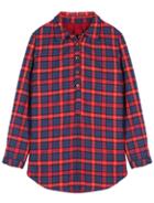 Romwe Plaid Pockets Loose Red Blouse