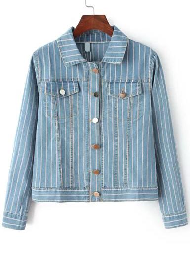 Romwe Lapel Vertical Striped Pockets Denim Coat