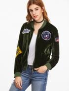 Romwe Olive Green Velvet Bomber Jacket With Patch Detail