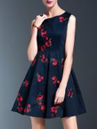 Romwe Navy Flowers Embroidered A-line Dress