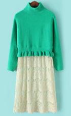 Romwe Stand Collar Lace Knit Green Dress