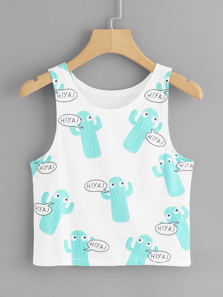 Romwe Cactus Print Crop Top