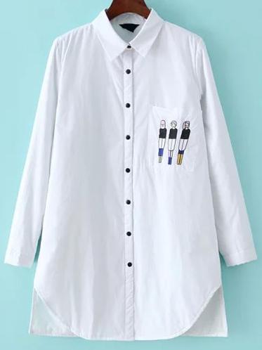 Romwe Cartoon Embroidered Curved Hem Blouse With Pocket