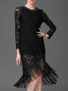Romwe Black Round Neck Long Sleeve Tassel Lace Dress
