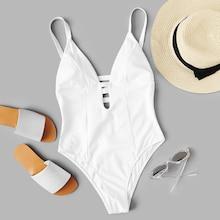 Romwe Plunge Caged Back One Piece Swimsuit