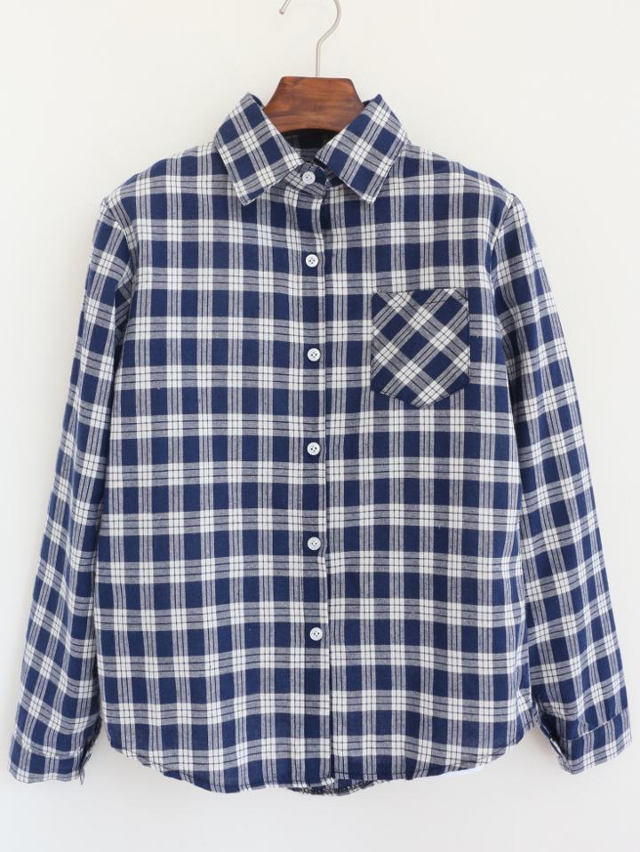 Romwe Blue Lapel With Pocket Plaid Blouse