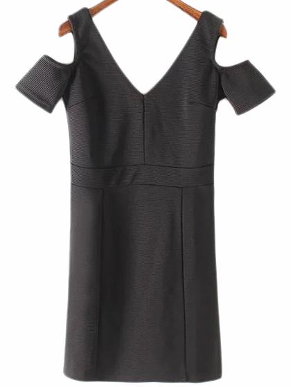 Romwe Black V Neck Zipper Back Cold Shoulder Dress