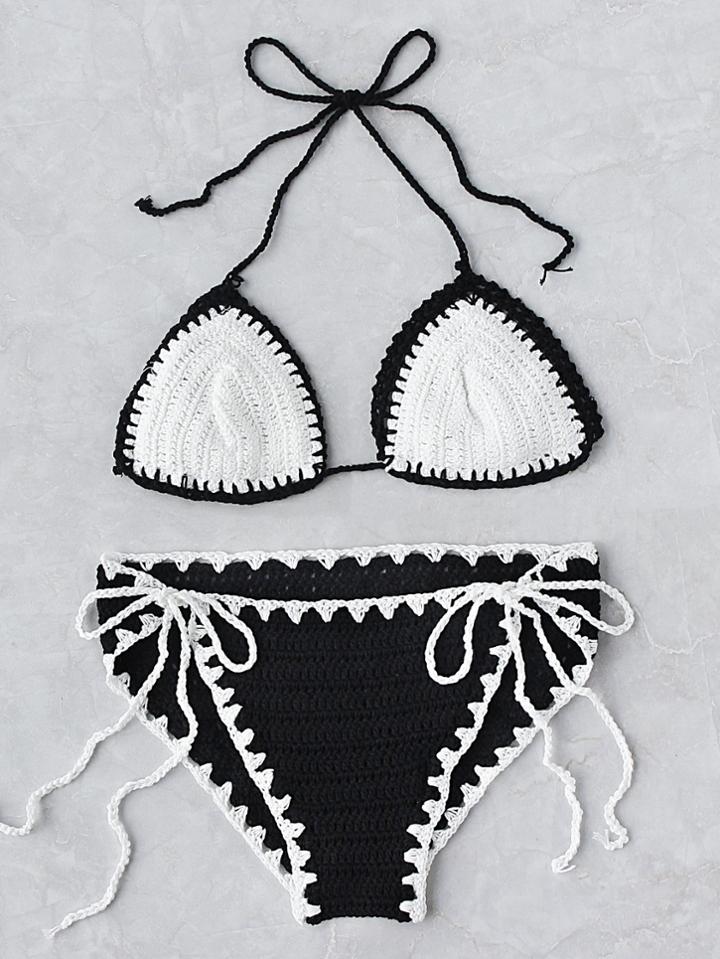 Romwe Contrast Trim Triangle Crochet Bikini Set