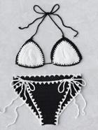 Romwe Contrast Trim Triangle Crochet Bikini Set