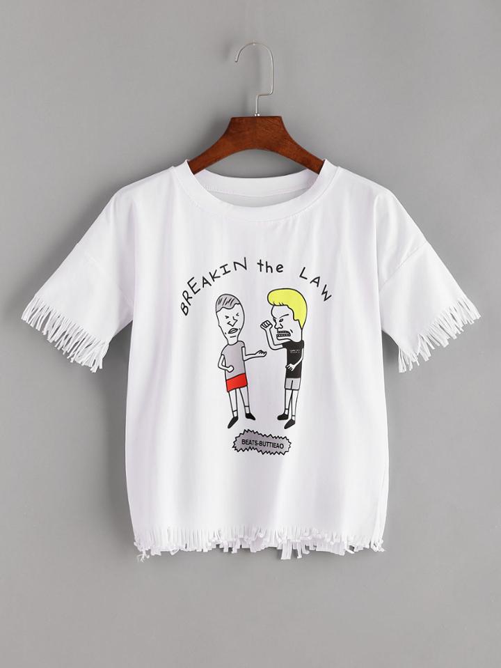 Romwe White Cartoon Print Fringe T-shirt