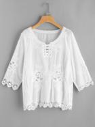 Romwe Lace Up Hollow Out Embroidered Top
