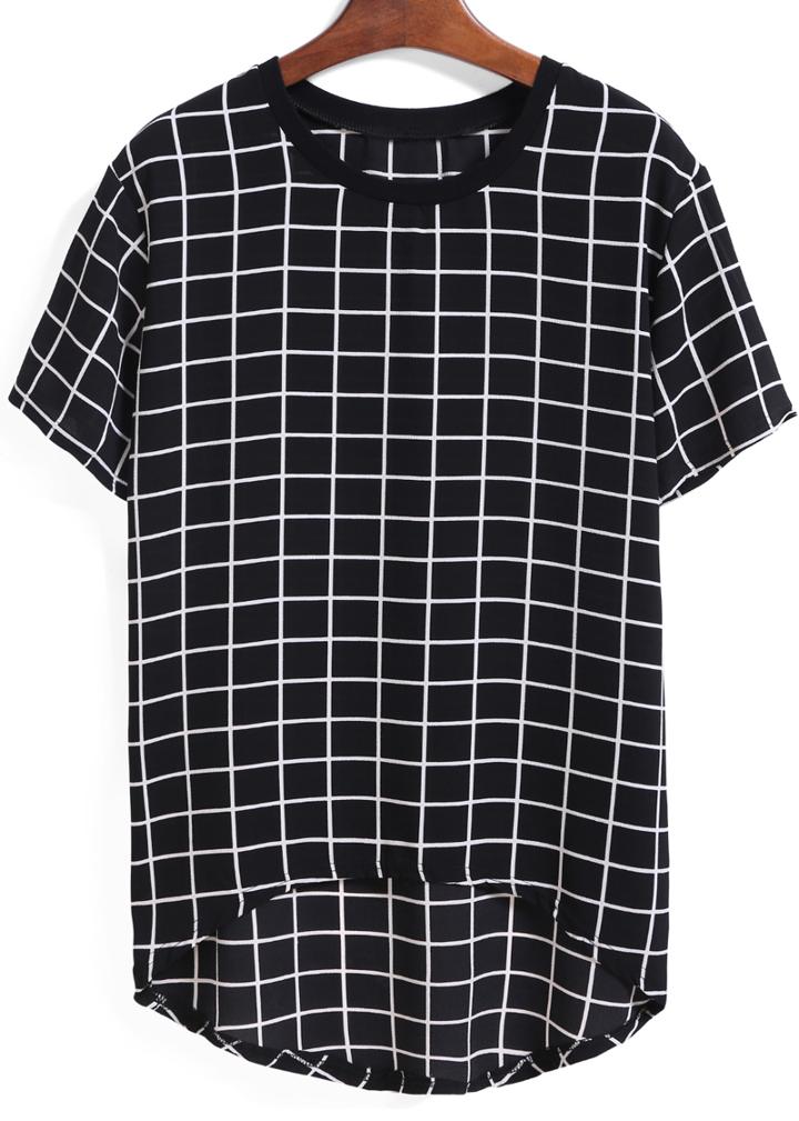Romwe Dip Hem Plaid Black T-shirt